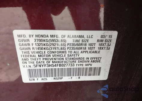 2015 Honda Pilot Ex-L z USA, uszkodzony, nr VIN 5FNYF3H54FB027733